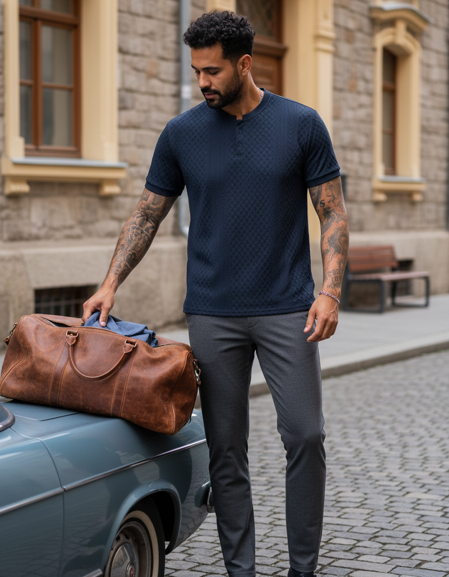 A man in a charcoal ARVON shirt, with a modern fit, stands on a city street, packing a bag for a weekend trip. The fabric is 