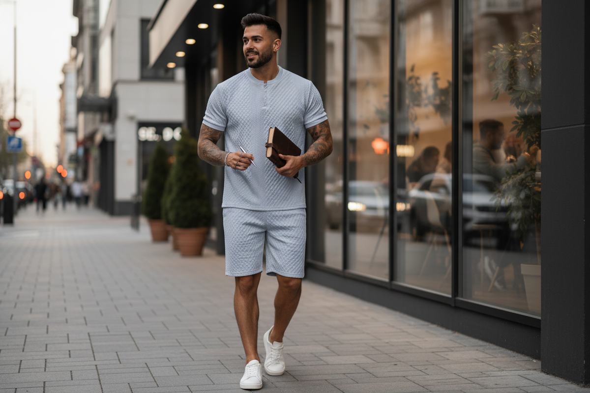 A stylish man wearing the ARVON product walks past a contemporary cafe in an urban setting, holding a journal and pen. The ba